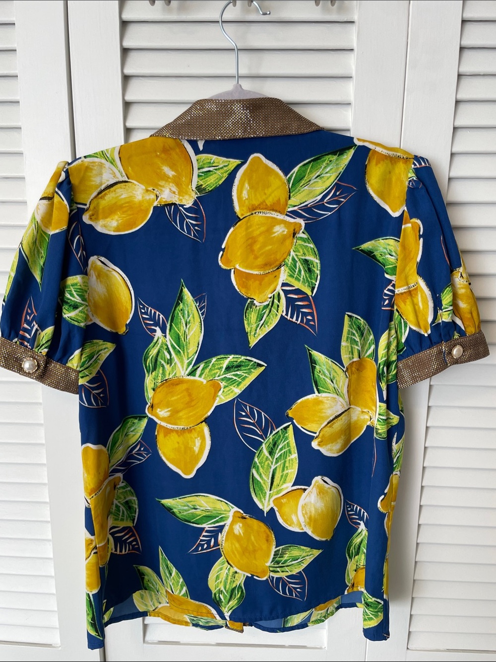 The Moon Blue Lemon-Print Short Sleeve Blouse with Metallic Trim - Picture 7 of 8